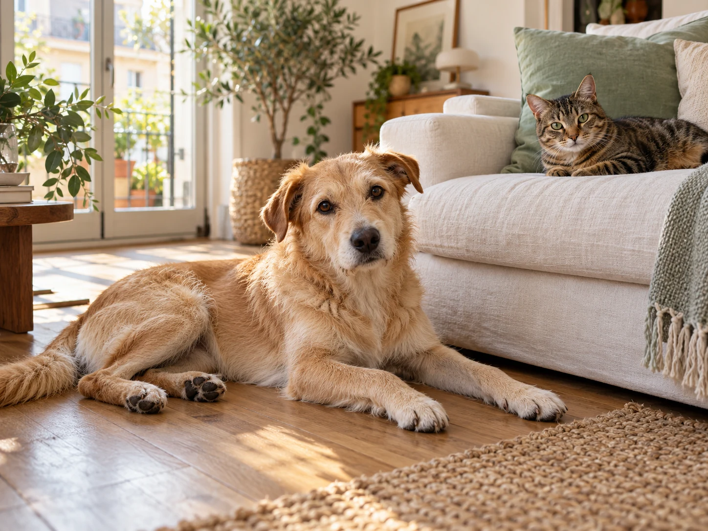 Un perro y un gato relajados en el salón de una vivienda